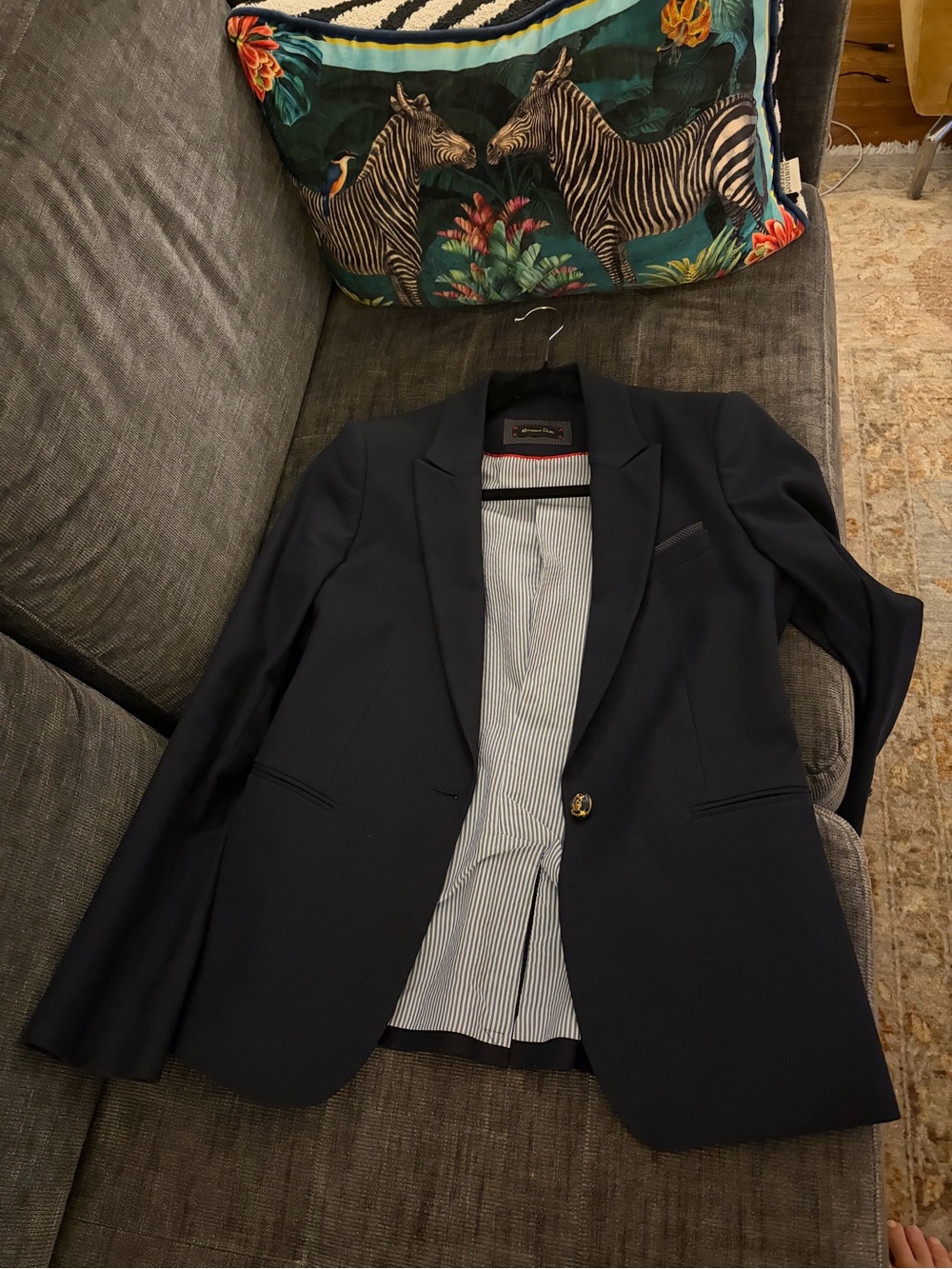 Massimo Dutti Navy Single-Button Blazer with Striped Lining